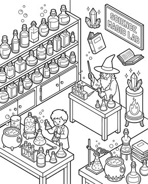 Educational Word Recognition Coloring Page Whimsical Science Magic Lab with Wizard and Child Isometric Sight Words Coloring Activity Printable Early Literacy Worksheet for Kids