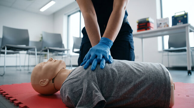 Instructor performing CPR chest compressions on a medical training mannequin in a classroom