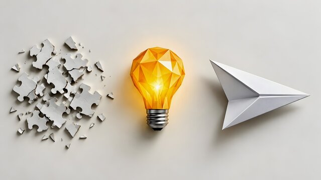 Creative problem solving process from shattered puzzle pieces into glowing geometric lightbulb and paper airplane for business ideation concept