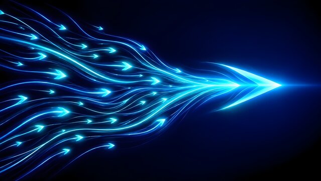 Glowing blue light trails merging into single arrow representing data flow and fast internet connection