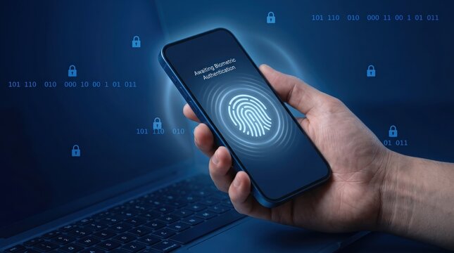 Hand holding smartphone with biometric fingerprint authentication screen, cybersecurity concept, digital lock icons and binary code background, secure mobile access