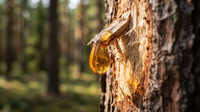 Golden pine resin droplet dripping from tree trunk in forest