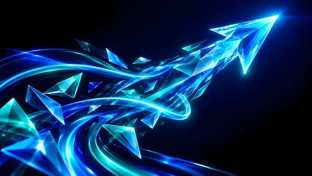 Abstract glowing blue arrow with shattering crystal polygons representing dynamic business growth and technological breakthrough