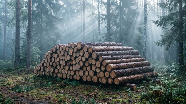 Stacked timber logs in a misty pine forest with morning sun rays