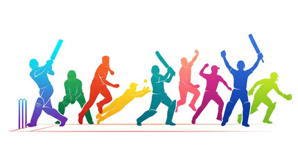 Fototapeta premium Colorful cricket players silhouette illustration PNG, cricket batting, cricket bowling, Colorful sports illustration PNG, Colorful olympics PNG, sports graphic PNG, cricketer silhouette, batsman png.