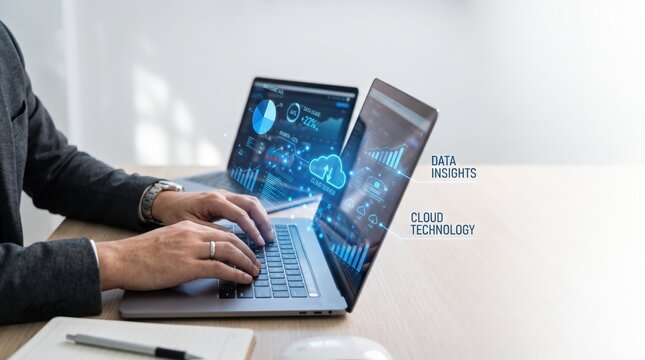 Businessman working on laptop with holographic cloud technology and data insights graphics floating above keyboard, modern office analytics concept