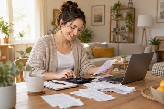 Woman calculating household budget with bills and laptop at home