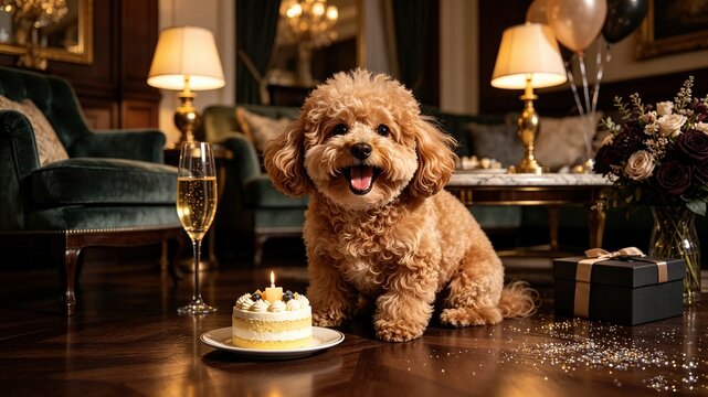 Cute Poodle Puppy Birthday Party, Ideal for pet celebration social posts, pet shop ads, animal blog banners and pet birthday invitation graphic templates.