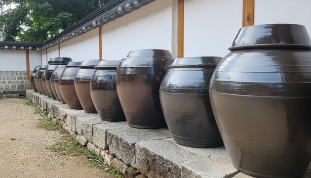 Traditional Korean onggi clay jars lined up along a hanok wall