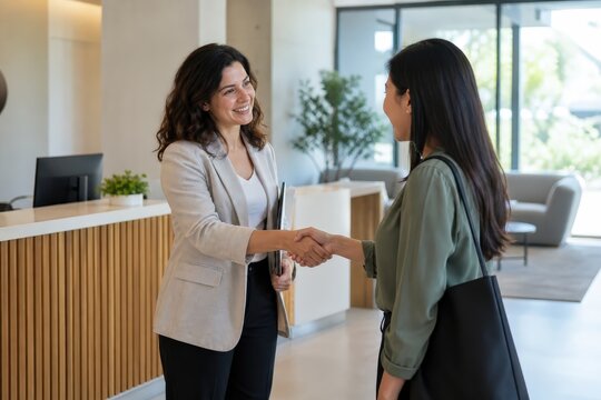 Recruiter welcomes job candidate in office lobby