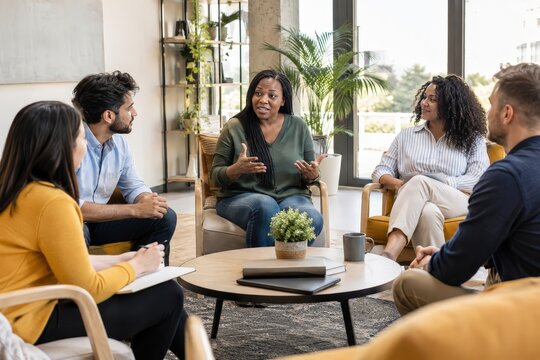 Female leader facilitates inclusive team discussion