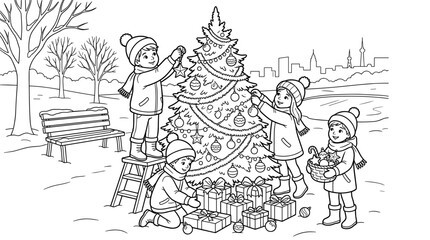 Fototapeta premium Children decorating a Christmas tree in a snowy park with city skyline background, flat design vector illustration