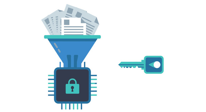Data Encryption and Cybersecurity Concept: Illustration of Digital Documents Funneling into Secure Microchip with Padlock and Access Key for Information Privacy