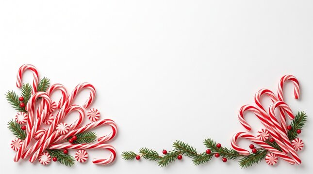 A festive christmas border crafted from vibrant candy canes and delicate evergreen sprigs perfect for holiday designs