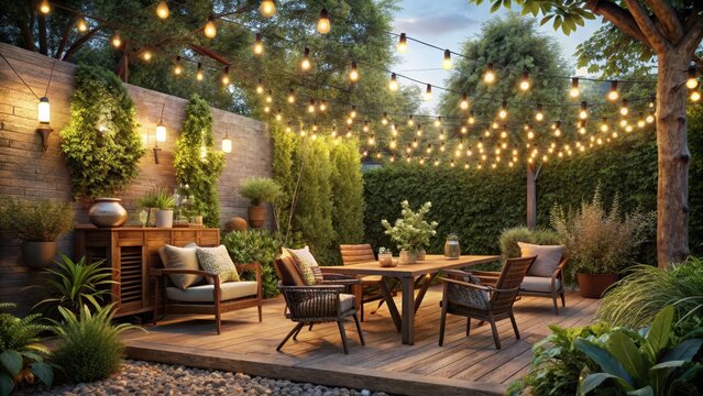 A garden patio with string lights and wooden furniture