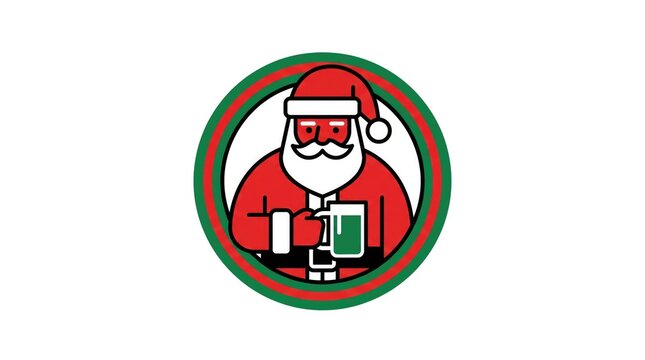 Minimalist vector illustration of santa claus holding a green beer mug inside a circular frame