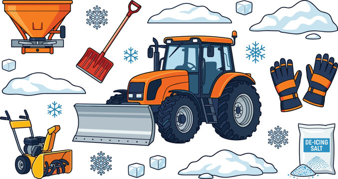 Winter Snow Removal Vector Icon Set Featuring Orange Tractor Snowplow, Snowblower Machine, De-Icing Salt Bag, Shovel, Gloves, and Snowflake Elements