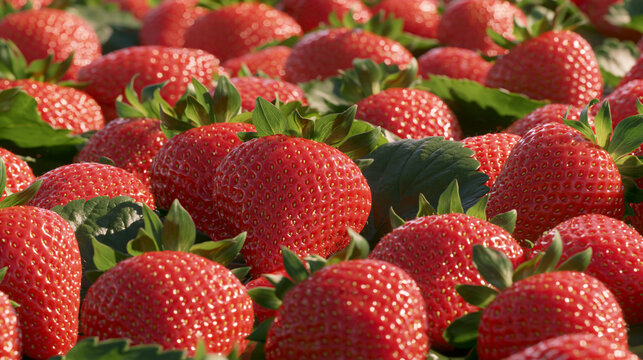 Field of fresh red strawberries growing in a patch with strawberry field