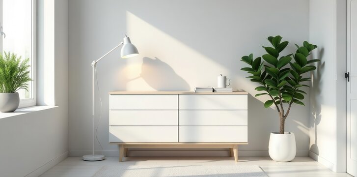 White commode, minimalist lamp, books Bright, airy room , home decor, bedside table