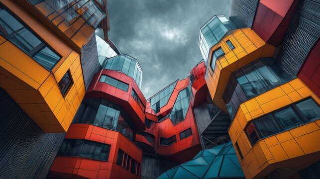 Abstract futuristic exterior design with geometric shapes bold colors and surreal architectural elements highly detailed