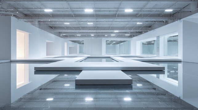 A surreal empty modern showroom with floating platforms glass walkways and infinite white space