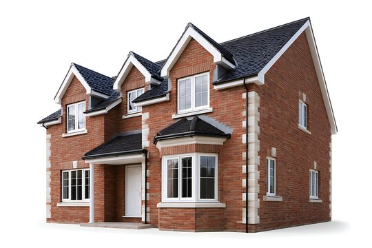 Modern twostory brick house with a bay window and dark roof isolated on white background