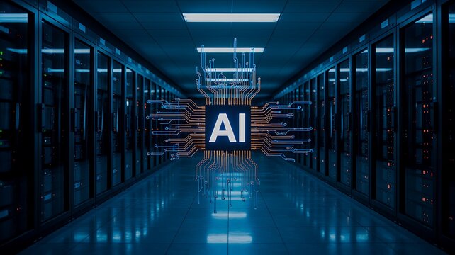 Artificial intelligence technology in futuristic data center with glowing digital network