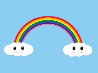 Obraz premium Cute colorful rainbow with smiling white clouds on a blue sky background, cheerful weather illustration for children, nursery, education, posters, cards, stickers, and happy seasonal graphic designs.