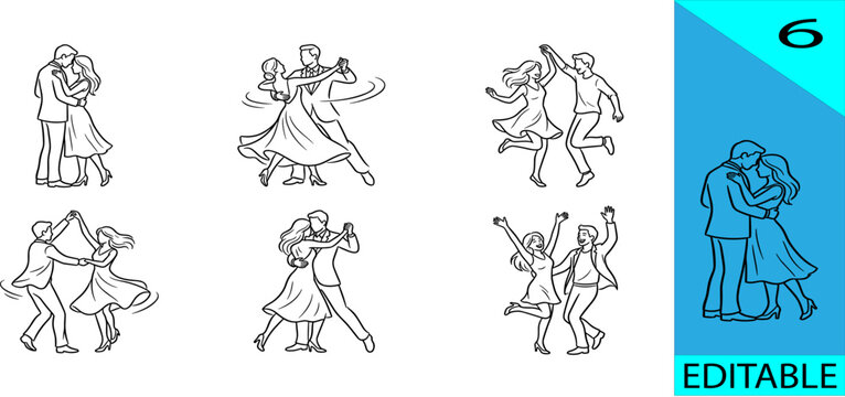 Collection of 6 romantic dancing couple ballroom waltz swing party love editable vector illustration set