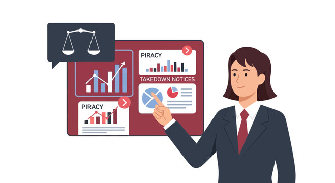 Professional Lawyer Presenting Intellectual Property Dashboard with Piracy Statistics and DMCA Takedown Notices