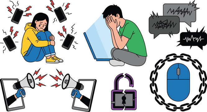 Cyber Bullying and Social Media Troll Vector Set Featuring Anxious Crying Teenagers, Ringing Smartphones, Megaphone Attacks, and Internet Security Icons