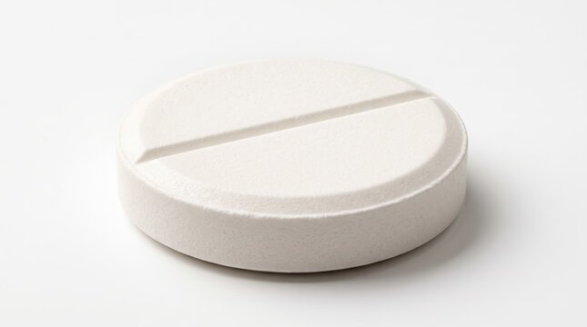 A single round white medical pill with a score line for easy splitting