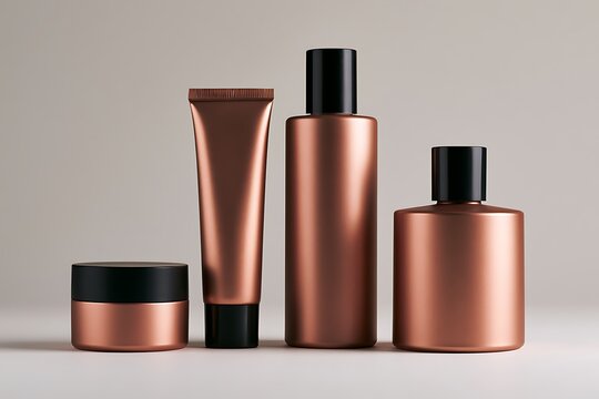 Set of luxury copper cosmetic bottles and tubes isolated on white background