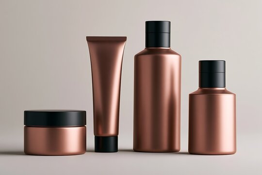 Set of four empty cosmetic containers in metallic copper color with black caps, arranged on a neutral background for beauty and skincare product branding