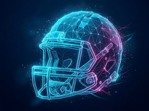 Futuristic Neon Football Helmet with Cybernetic Glow and Dynamic Light Trails Against Cosmic Dark Background