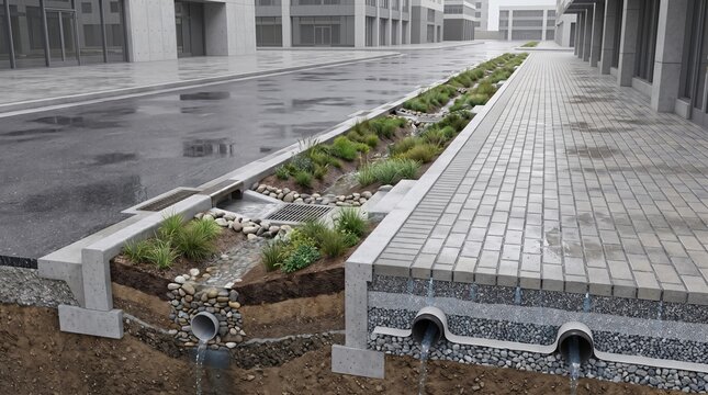 Stormwater Management Infrastructure with Bioswale and Permeable Pavement for Urban Flood Control, Sustainable Drainage Design, Rainwater Infiltration, and Climate Resilient Streetscape Planning