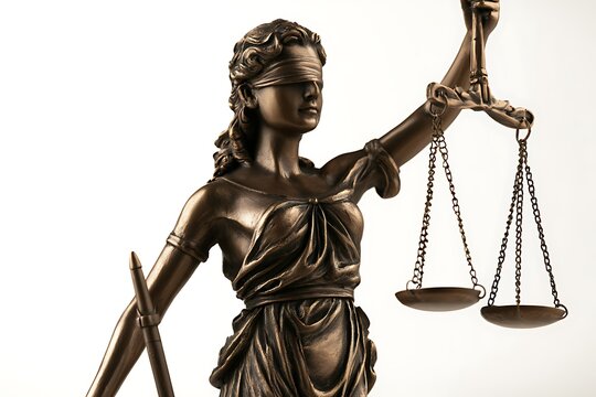 Bronze statue of lady justice isolated on white background