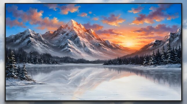 Dramatic mountain landscape with a frozen lake and vibrant sunset colors
