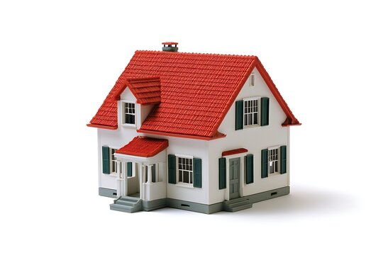 Miniature house model with red roof isolated on white background