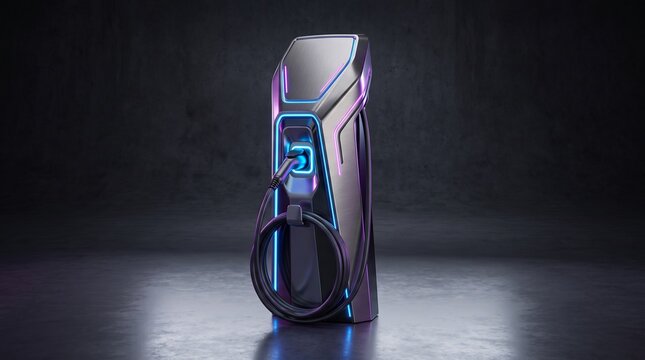Futuristic electric vehicle charging station with glowing blue charging port and neon pink purple accents, isolated in a cyberpunk technology setting