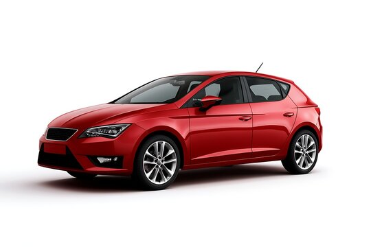 A sleek red hatchback car parked and isolated on white background