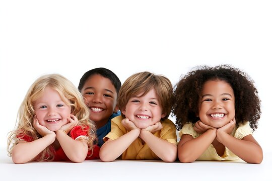 Four diverse happy children lying on their stomachs and smiling isolated on white background