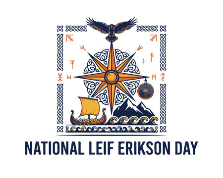 National Leif Erikson Day Historical Vector Illustration, Leif Erikson and Norse Discovery Celebration