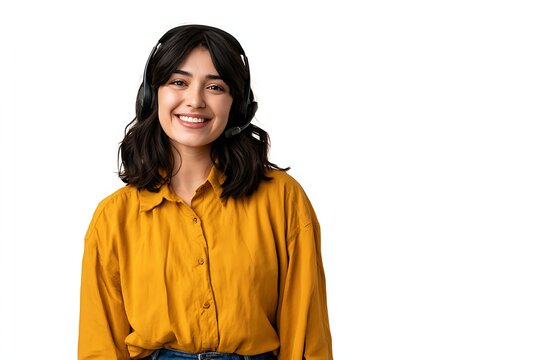 Friendly young woman wearing a headset and yellow shirt, isolated on white background