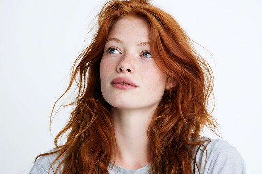 Portrait of a beautiful young woman with long red hair and freckles looking up isolated on white background