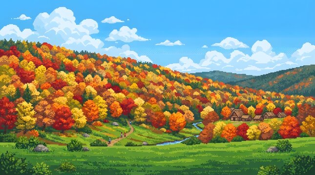 Vibrant autumn foliage covers rolling hills under a bright blue sky with fluffy clouds