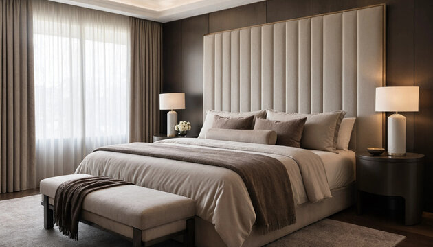 Bedroom interior featuring a large upholstered headboard with vertical tufting, soft bedding, and warm ambient bedside lighting