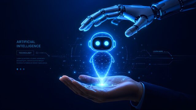 Robotic hand cradling a small glowing futuristic artificial intelligence robot avatar