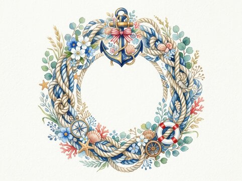 Nautical wreath with an anchor, ropes, seashells, and lifebuoy forms a coastal frame around empty copy space.