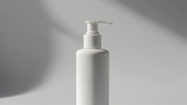 A minimalist white plastic pump bottle stands against a light grey background with soft.